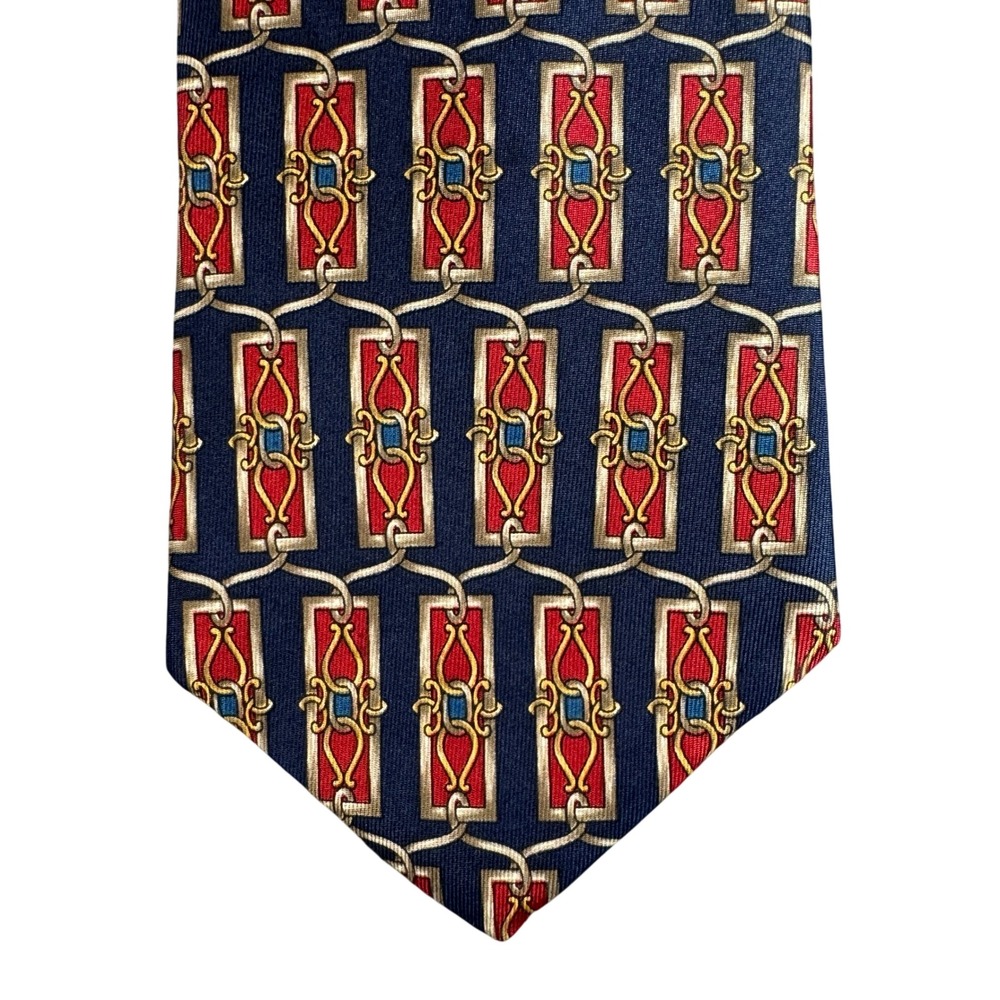 Bert Pulitzer Mens Silk Tie Navy Blue Red Gold Geometric Chain Crest Made in USA